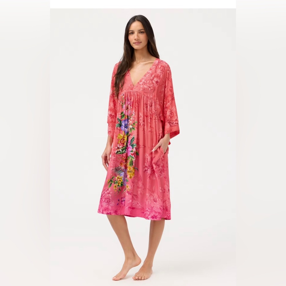 Johnny Was S Coral Floral V-Neck Midi Dress - Coverup S. NWT.